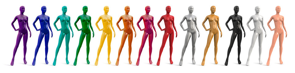 Female plastic naked mannequin. Set of standing female mannequins of different colors. Showcase fashion store. Front view, three quarter view. Vector 3d illustration isolated on white background.