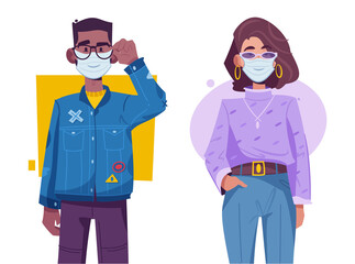 Young hipster man and woman wearing medical protective masks