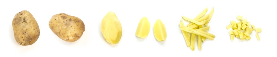 Set of sliced potatoes. Close up. Isolated on a white background