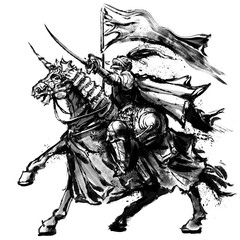 A knight in armor on a horse rushes into battle with a sword in his hands, with a large white flag in his hand.  2D illustration.