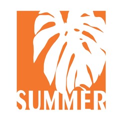 t-shirt print in orange square with monstera placement with text summer.