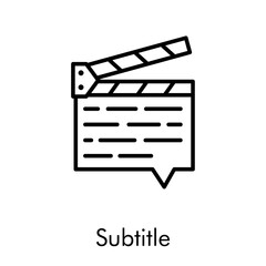Icono plano lineal claqueta como globo de habla con texto Subtitle en color negro