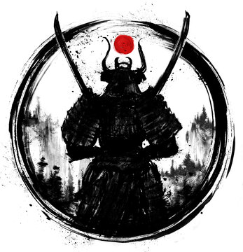 A samurai standing with his back to the viewer with two Katanas crossed at his chest. It is equipped in Japanese armor, circled in a circle. drawn in ink. 2D illustration.