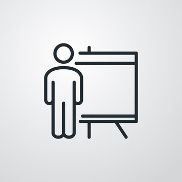 S&iacute;mbolo curso de formaci&oacute;n. Icono plano hombre con pizarron con p&uacute;blico en fondo gris