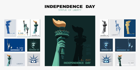 Independence day, hand with torch, presentation. Statue of Liberty, set of flat design templates. USA. Holiday. Symbol of America. New York. Information banner. Advertising text title, poster, vector © VASYL