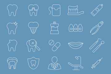 Dentist Icons set - Vector outline symbols of medicine, tooth, toothbrush, toothpaste, caries and floss for the site or interface