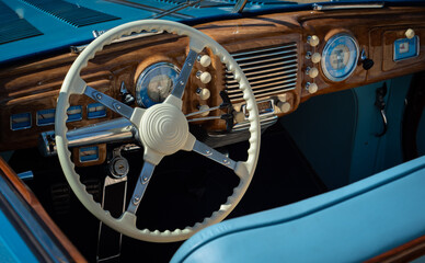 Steering wheel and dashboard on a 1948 Delahaye 175