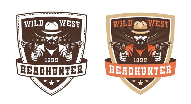 Retro cowboy badge - gunfighter with guns. Vintage western label - ranger with pistols. Wild west patch. vector illustration.