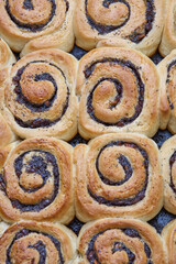A closeup of golden brown cinnamon rolls with raisins in a pan fresh from the oven
