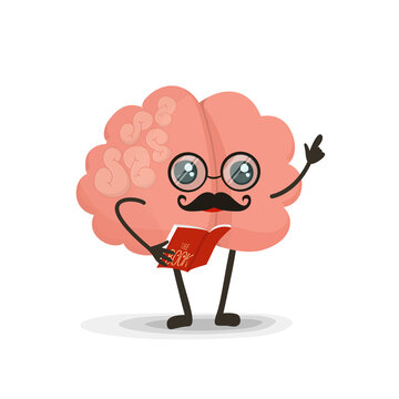 Brain reading book, cartoon character, education icon, illustration isolated on white
