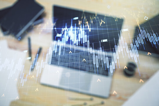 Multi exposure of abstract financial diagram with world map on computer background, banking and accounting concept