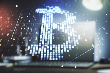 Creative Bitcoin concept with modern computer background. Double exposure