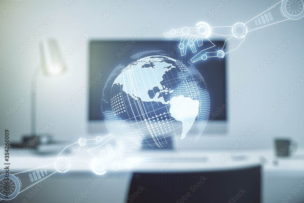 Aufkleber Double exposure of robotics technology with world map hologram on laptop background. Research and development software concept