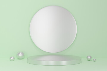  cylinder podiums on green  background. Abstract minimal scene with geometrical. Modern pedestal show cosmetic products presentation. Mock up design empty space. studio platform template. 3d render