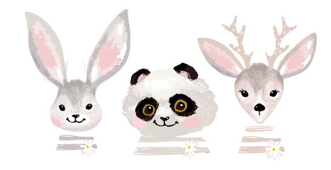 A poster with a cute deer, panda and rabbit. Delicate postcard, clip-art for the design and decoration of the nursery, baby shower. Vector illustration on a white background.