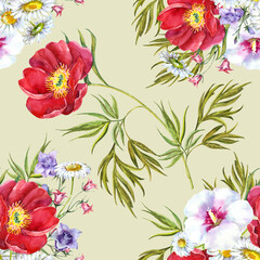 Bouquet different garden flowers painting in watercolor. Peony, chamomile and bell flowers on green background. Floral seamless pattern for fabric.