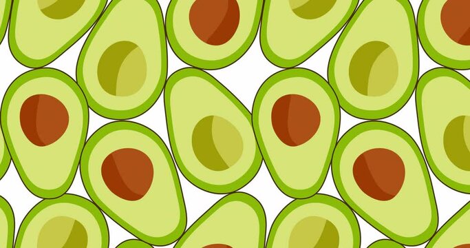 Seamless vector pattern with avocado on a white background. Loop animation 4K