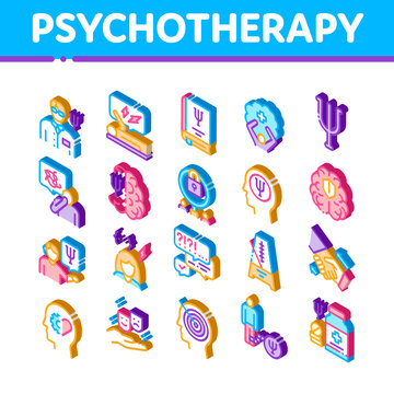 Psychotherapy Help Icons Set Vector. Isometric Handshake And Brain, Psychotherapist And Patient, Psychotherapy Treatment Illustrations