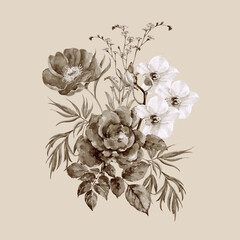 Bouquet different garden flowers painting in watercolor. Peony, rose, orchid and blue wildflowers on beige background. Monochrome illustration for decor your card.