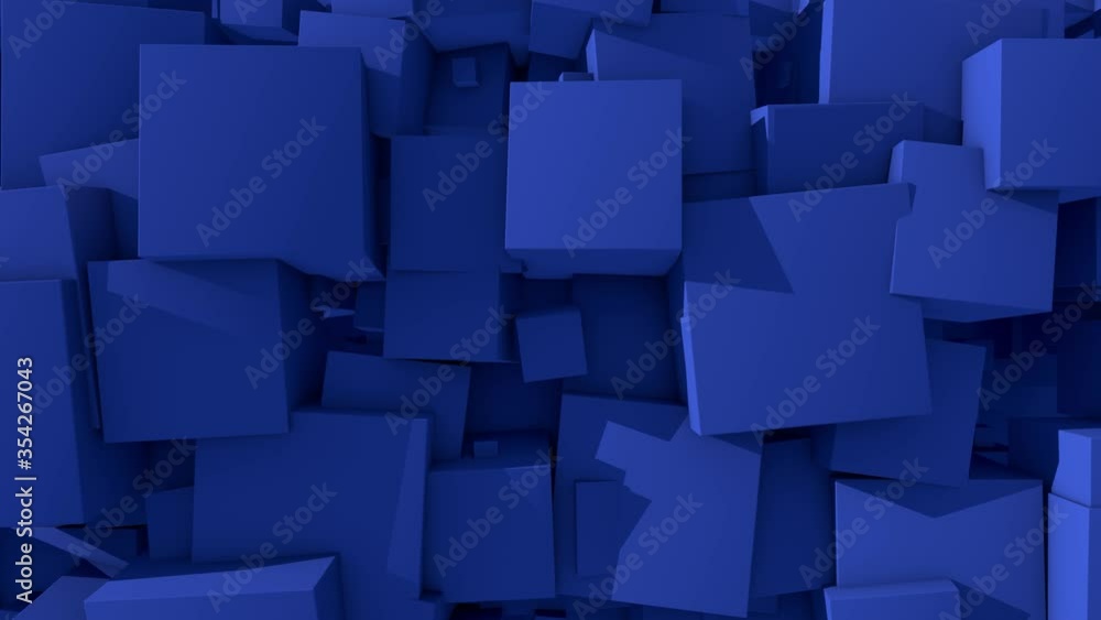 Poster abstract 3d animation of a set of blue cubes merging into a solid background and disintegrating. fut