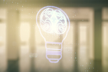 Double exposure of abstract virtual creative light bulb hologram with human brain on empty modern office background, idea and brainstorming concept