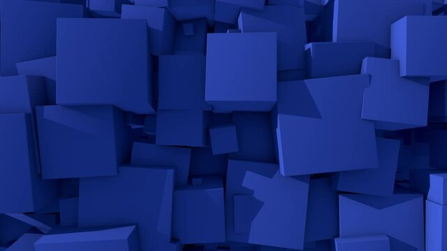 Abstract 3D animation of a set of blue cubes merging into a solid background and disintegrating. Futuristic, seamless 4K animation with the ability to repeat continuously.