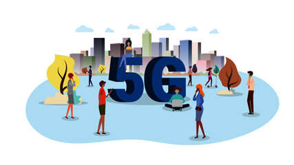 People with gadgets use high-speed Internet vector illustration. 5G network wireless technology. Cartoon style characters near big city 5G sign. Concept for your design.