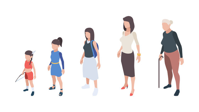Generations people. Kids girls daughter woman mother grandmother vector isometric characters. Process aging generation from childhood to pensioner illustration