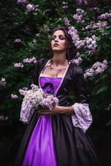 Lady in black and purple baroque dress