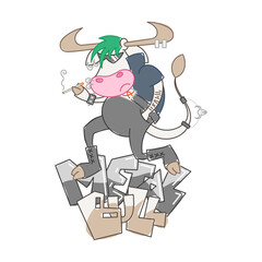 Angry cartoon metal music punk cow with cigarette