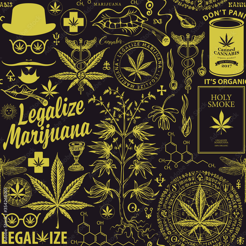 Poster vector seamless pattern on the theme of marijuana legalization. repeatable background with hand-draw