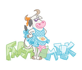 Happy cartoon smiling cow in cute dotted dress with apron and milk bucket