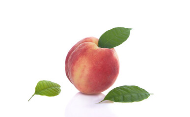 Clouse up of peacg and green leaf isolated on white background