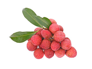 Clouse up of lychee and green leaf isolated on white background
