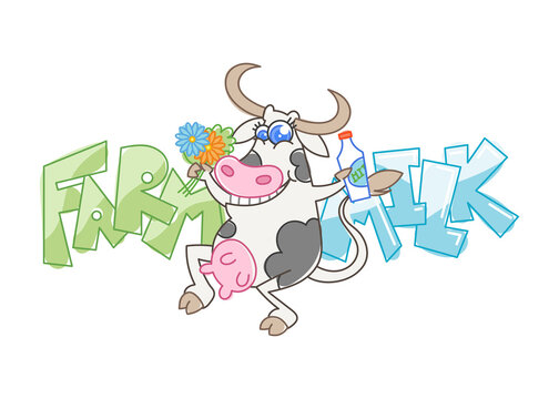 Happy cartoon smiling cow with a bottle of milk and flowers