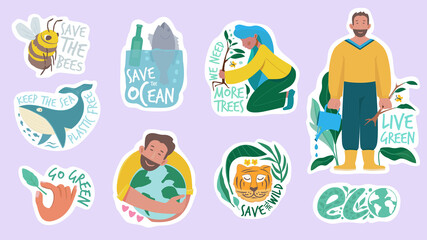 Ecology sticker. Green planet save earth protection environment eco friendly vector concept badges and labels. Nature eco sticker, ecological bio protection. Vector illustration