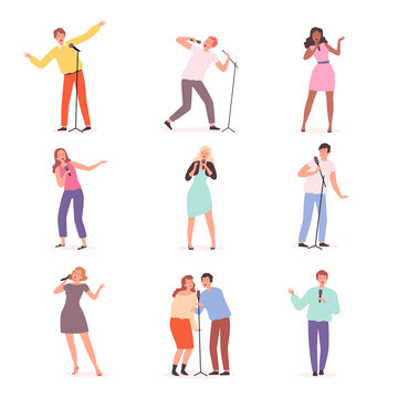 Karaoke singers. People have fun in music club solo concert persons vector male and female characters. Karaoke microphone, voice song illustration