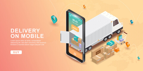 Online delivery service concept. Global logistics. Truck delivery to home and office. E-commerce. Truck shipping. Vector.