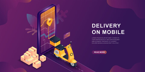 Mobile delivery service online app, vector isometric concept. Online delivery service concept. Smartphone screen with map and gps sign. Shopping online service on scooter or motorbike.