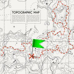 Fictional topographic map with pins and paths. Lined conceptual elevation map