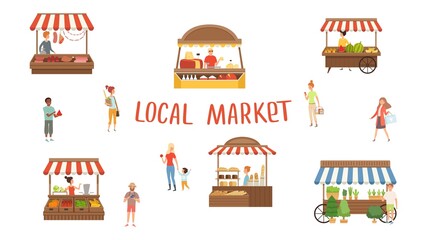Local market. Food festival, sellers and customers. Summer street stalls vector illustration. Local market, stand kiosk with meat and milk