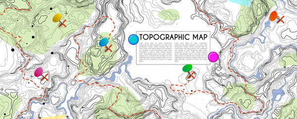 Fictional topographic map with pins and paths. Lined conceptual elevation map