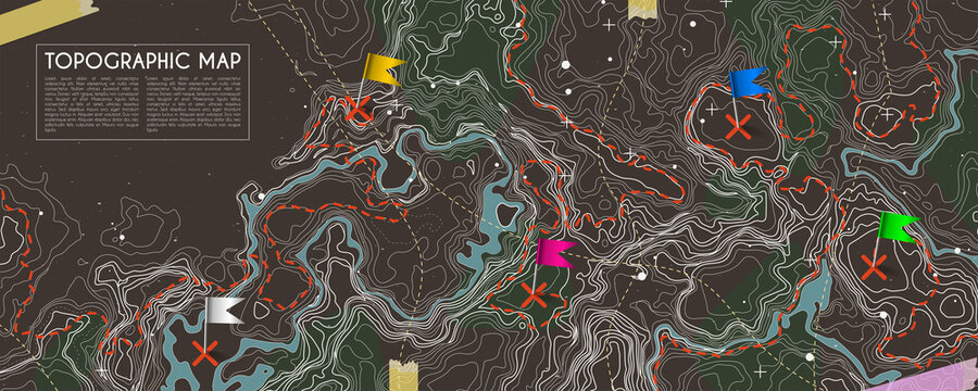 Fictional topographic map with pins and paths. Lined conceptual elevation map