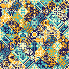 Azulejos tiles diagonal patchwork wallpaper abstract vector seamless pattern