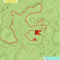 Fictional topographic map with pins and paths. Lined conceptual elevation map