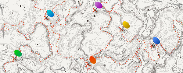 Fictional topographic map with pins and paths. Lined conceptual elevation map