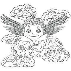 A little Cupid. A boy with wings lays on the clouds. Saint Valentine's illustration.Coloring book pages. Amur in sketch doodle and patterns.