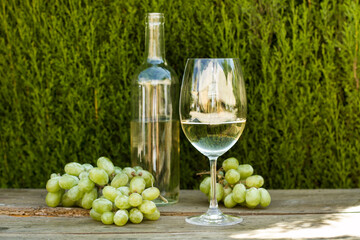 Botella de vino blanco junto a una copa con vino y racimos de uvas blancas sobre una mesa rústica...