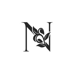 Monogram Nature Floral N Luxury Letter Logo Concept. Elegance black and white florist alphabet font vector design template.