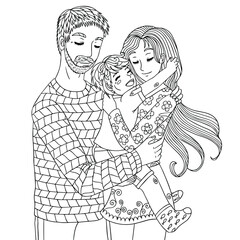 Family illustration. Dad, mom and son. Stay home. Be with family. People in hugs. Coloring book page for adult. Vector outline illustration with doodle, zentangle elements.